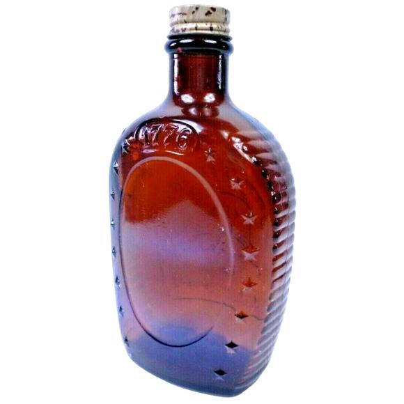 Vintage Log Cabin Syrup Bottle 1776 Liberty Bell Amber Glass w Lid Empty - Picture 1 of 7